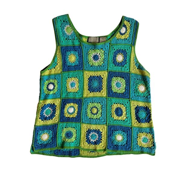 Sigrid Olsen Sport Tops - Sigrid Olsen Crochet Tank Top L Granny Square Boho Linen Cotton Cropped Petite